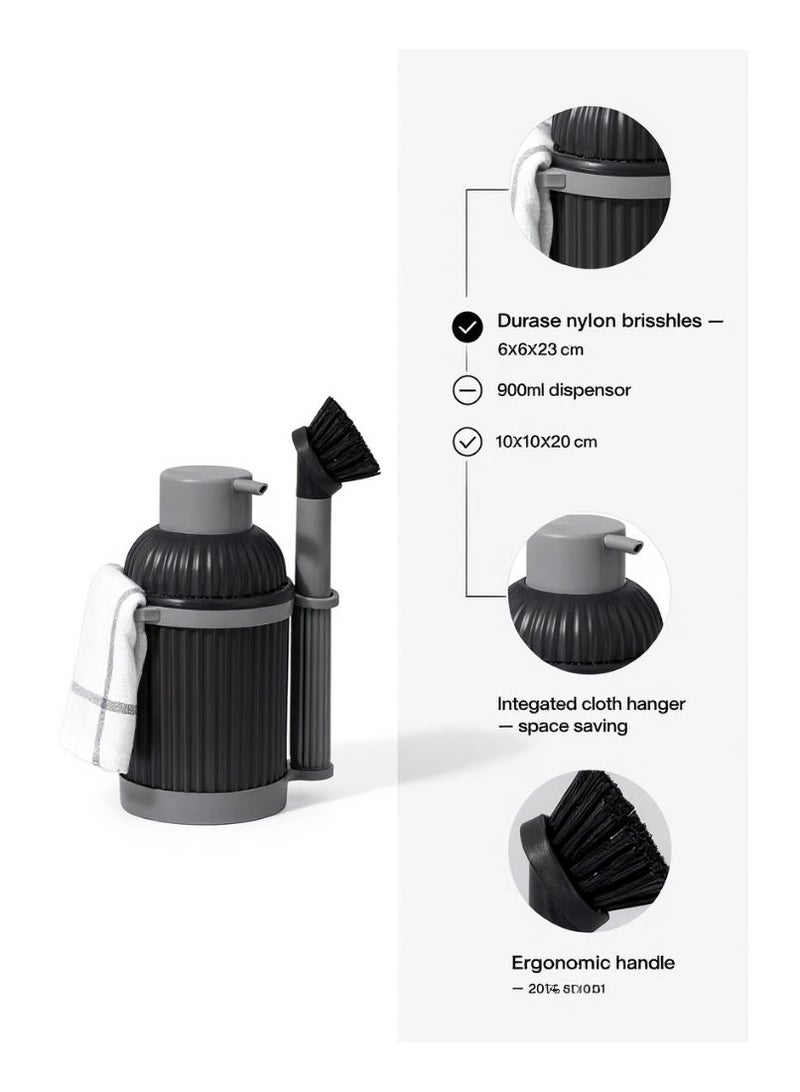 3-Piece plastic kitchen & bathroom cleaning set includes durable cleaning brush 900ml liquid soap dispenser and practical cloth hanger space saving design in grey/black - Image 4