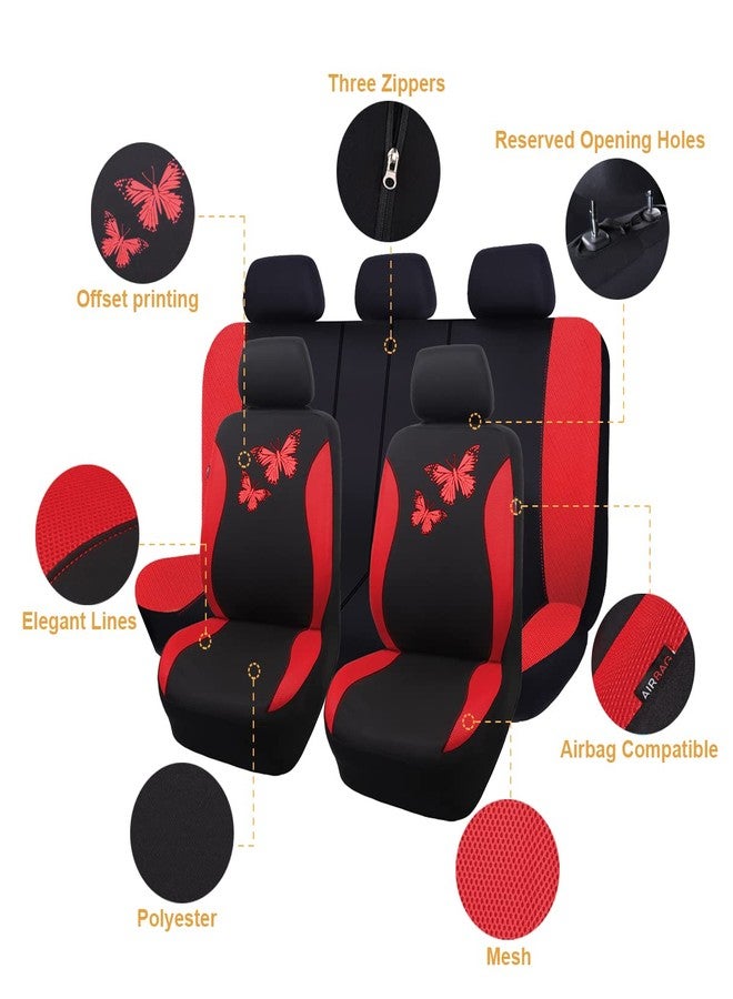 Flying Banner Butterfly car seat Covers ful Set Fashion Universal Lady Woman Female Rear Bench Split Colorized (Full Set, Red) - Image 2