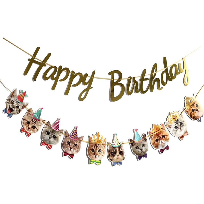 YUNSHANGMO Happy Birthday Cat Banner Garland Funny Decor Cat Face Bday Party Bunting Decorations Gold Sign - Image 2