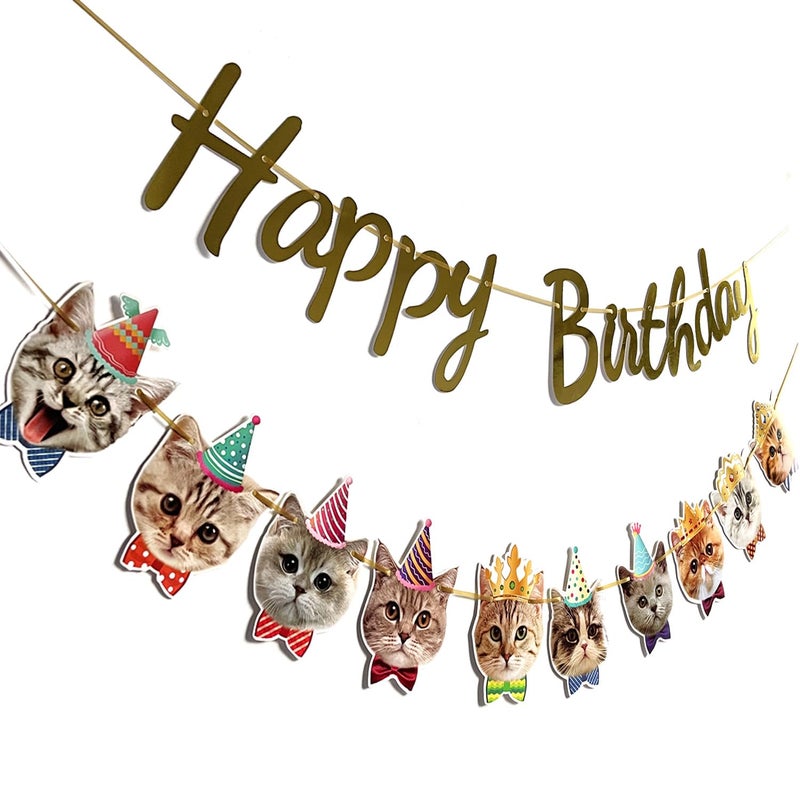 YUNSHANGMO Happy Birthday Cat Banner Garland Funny Decor Cat Face Bday Party Bunting Decorations Gold Sign - Image 1