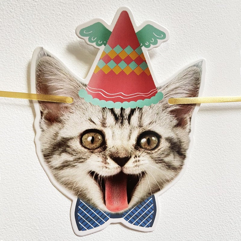 YUNSHANGMO Happy Birthday Cat Banner Garland Funny Decor Cat Face Bday Party Bunting Decorations Gold Sign - Image 3