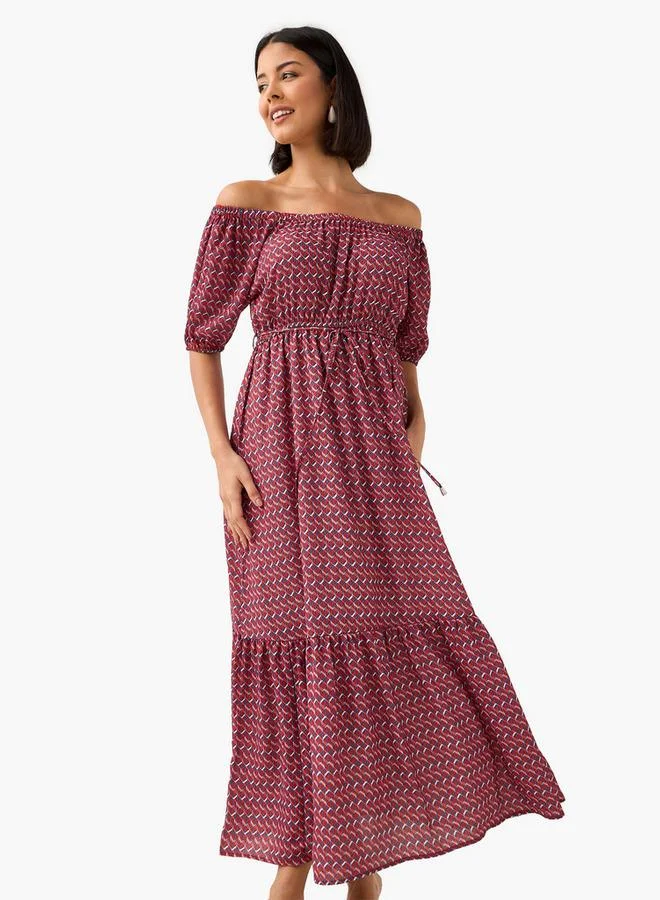Splash FAV Geometric Print Off Shoulder Women Dress with Tie-Ups