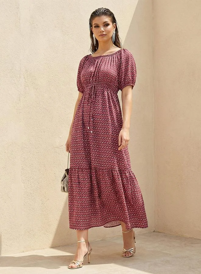 Splash FAV Geometric Print Off Shoulder Women Dress with Tie-Ups