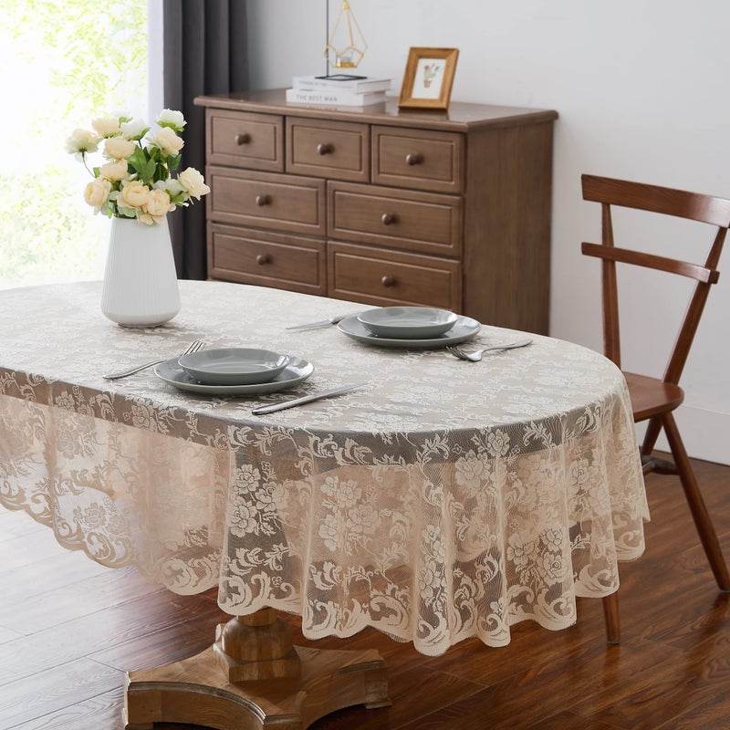 LinenZone Linen Oval Tablecloth for Rustic Vintage Decor - Sheer Lace Works Great as Wedding, Thanksgiving or Christmas Tablecloth (Mia Oval 84, Linen) - Image 1