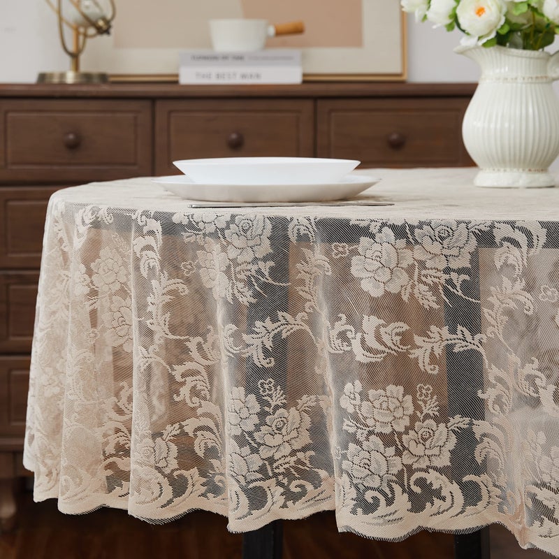 LinenZone Linen Oval Tablecloth for Rustic Vintage Decor - Sheer Lace Works Great as Wedding, Thanksgiving or Christmas Tablecloth (Mia Oval 84, Linen) - Image 2