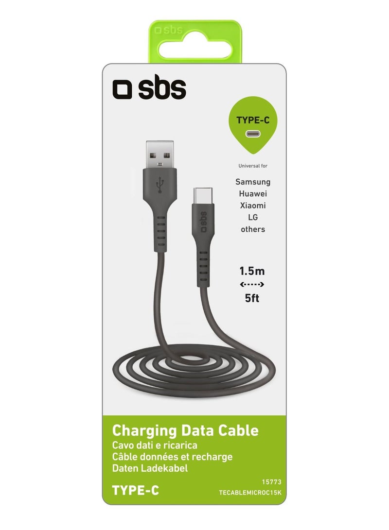 Travel Data cable USB 2.0 to Type C for smartphone, Length 1.5 m, black color suitable for Samsung, Huawei, Xiaomi, LG and others.