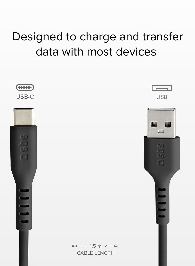 Travel Data cable USB 2.0 to Type C for smartphone, Length 1.5 m, black color suitable for Samsung, Huawei, Xiaomi, LG and others.