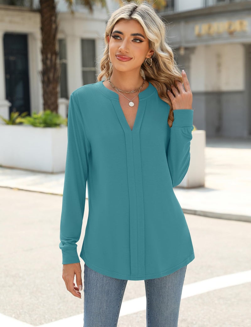Micoson Blouses for Women Dressy Casual Long Sleeve Business Shirts V Neck Pleated Work Tunic Loose Fit Fall Trendy Knit Top Blue Green XL - Image 2
