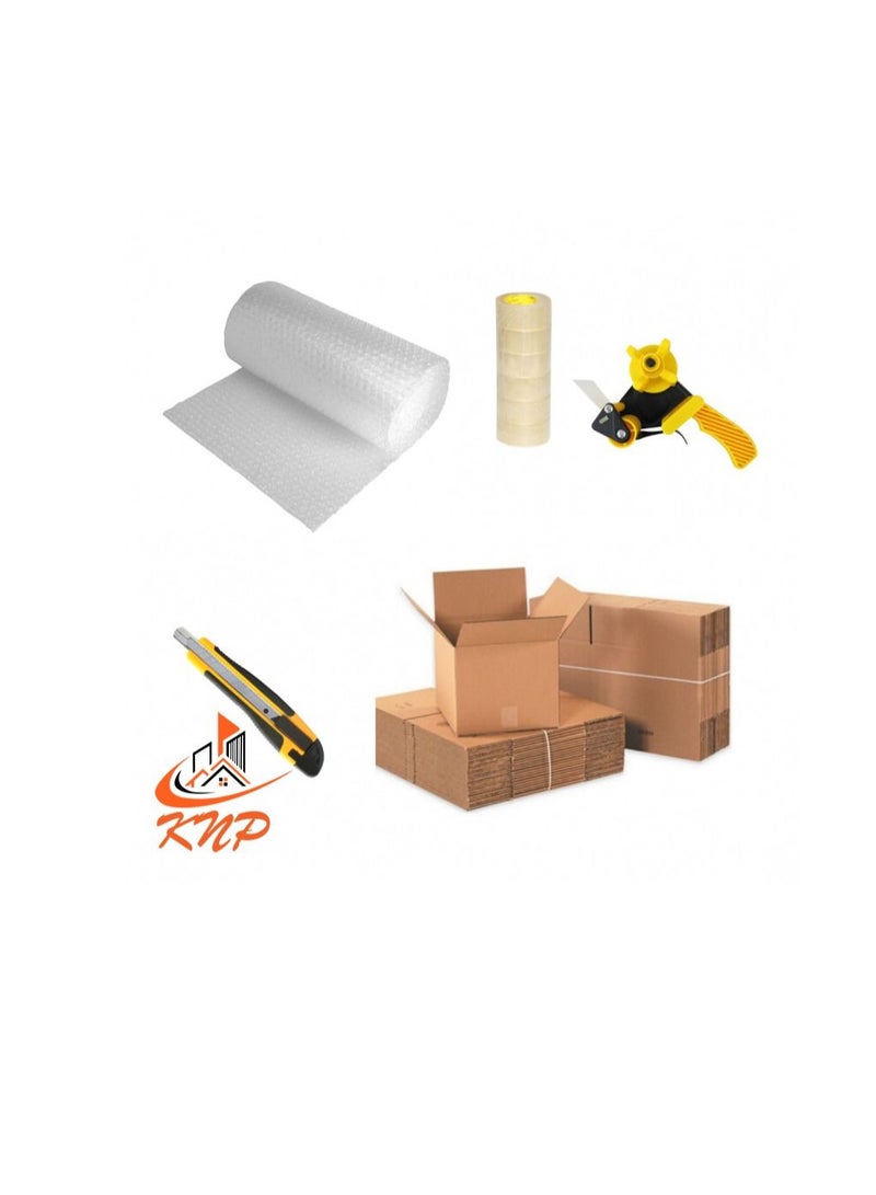 KNP Moving Jumbo Pack Air Bubble Wrap Roll Dimension-150cm x 20m, Clear Tape 2" (50mm), Packing Tape Dispenser, Utility Cutter Knife (18mm), Cardboard Carton Box (45cm x 45cm x 45cm) Quantity-10 Pack - Image 1