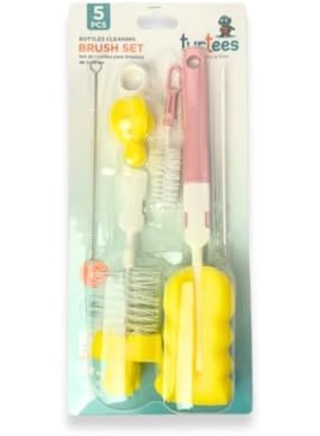 Turtees 5-in-1 Baby Bottle Brush Set | Silicone & Nylon Bottle Cleaner with Nipple Brush, Straw Brush & Sponge | BPA-Free | Pink & Yellow