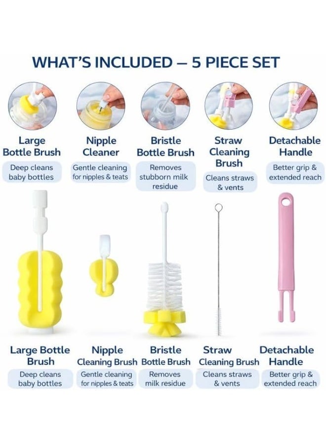 Turtees 5-in-1 Baby Bottle Brush Set | Silicone & Nylon Bottle Cleaner with Nipple Brush, Straw Brush & Sponge | BPA-Free | Pink & Yellow - Image 2