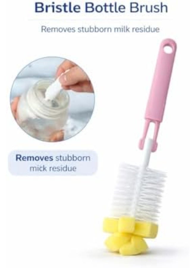 Turtees 5-in-1 Baby Bottle Brush Set | Silicone & Nylon Bottle Cleaner with Nipple Brush, Straw Brush & Sponge | BPA-Free | Pink & Yellow - Image 3