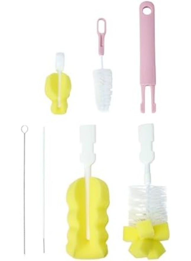 Turtees 5-in-1 Baby Bottle Brush Set | Silicone & Nylon Bottle Cleaner with Nipple Brush, Straw Brush & Sponge | BPA-Free | Pink & Yellow - Image 1
