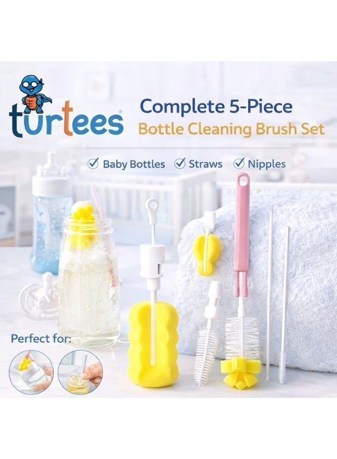 Turtees 5-in-1 Baby Bottle Brush Set | Silicone & Nylon Bottle Cleaner with Nipple Brush, Straw Brush & Sponge | BPA-Free | Pink & Yellow - Image 5