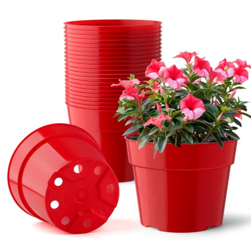 RooTrimmer 20 Pack 6 Inch Plant Pots Thickened Plastic Flower Pots with 20 Pcs Water Collecting Trays 20 Soil Block Mesh Pads Red - Image 1