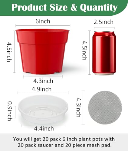 RooTrimmer 20 Pack 6 Inch Plant Pots Thickened Plastic Flower Pots with 20 Pcs Water Collecting Trays 20 Soil Block Mesh Pads Red - Image 3