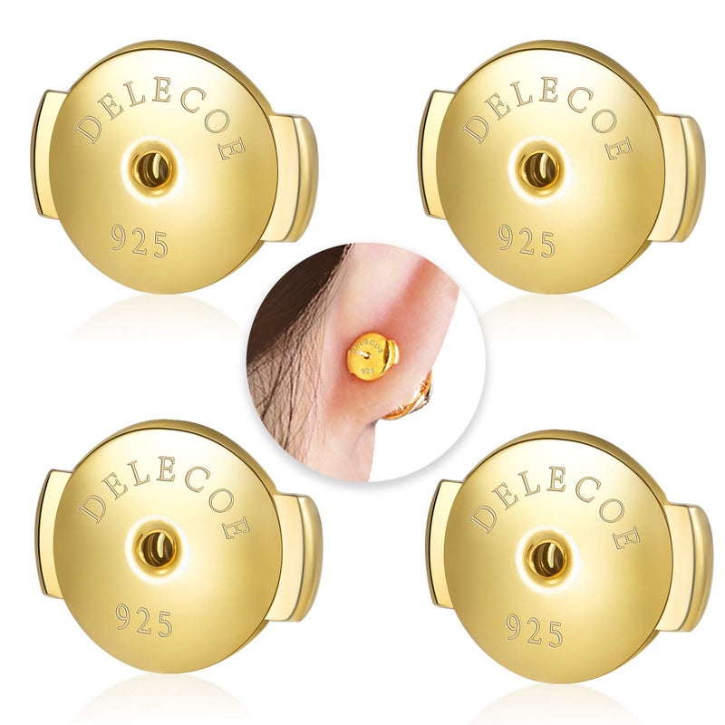 DELECOE 2Pairs 925 Sterling Silver Earring Backs 18K Gold Plated Secure Hypoallergenic Locking Earring Backs for Diamond Studs No Fading Comfort