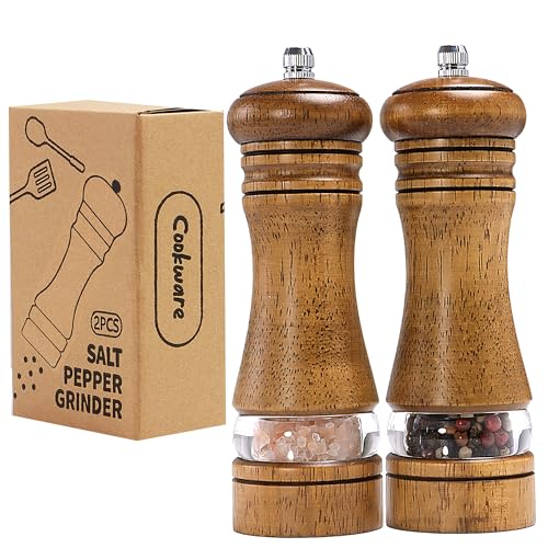 M JINGMEI Wooden Salt and Pepper Grinder Set, Premium Oak Wood Salt Grinders Shakers, Manual Pepper Mill with Acrylic Clear Window, Adjustable Ceramic Grinder for Kitchen, Restaurant, Gifts - 6 inches, 2 Pack - Image 1
