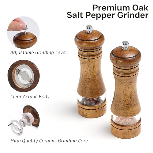 M JINGMEI Wooden Salt and Pepper Grinder Set, Premium Oak Wood Salt Grinders Shakers, Manual Pepper Mill with Acrylic Clear Window, Adjustable Ceramic Grinder for Kitchen, Restaurant, Gifts - 6 inches, 2 Pack - Image 2