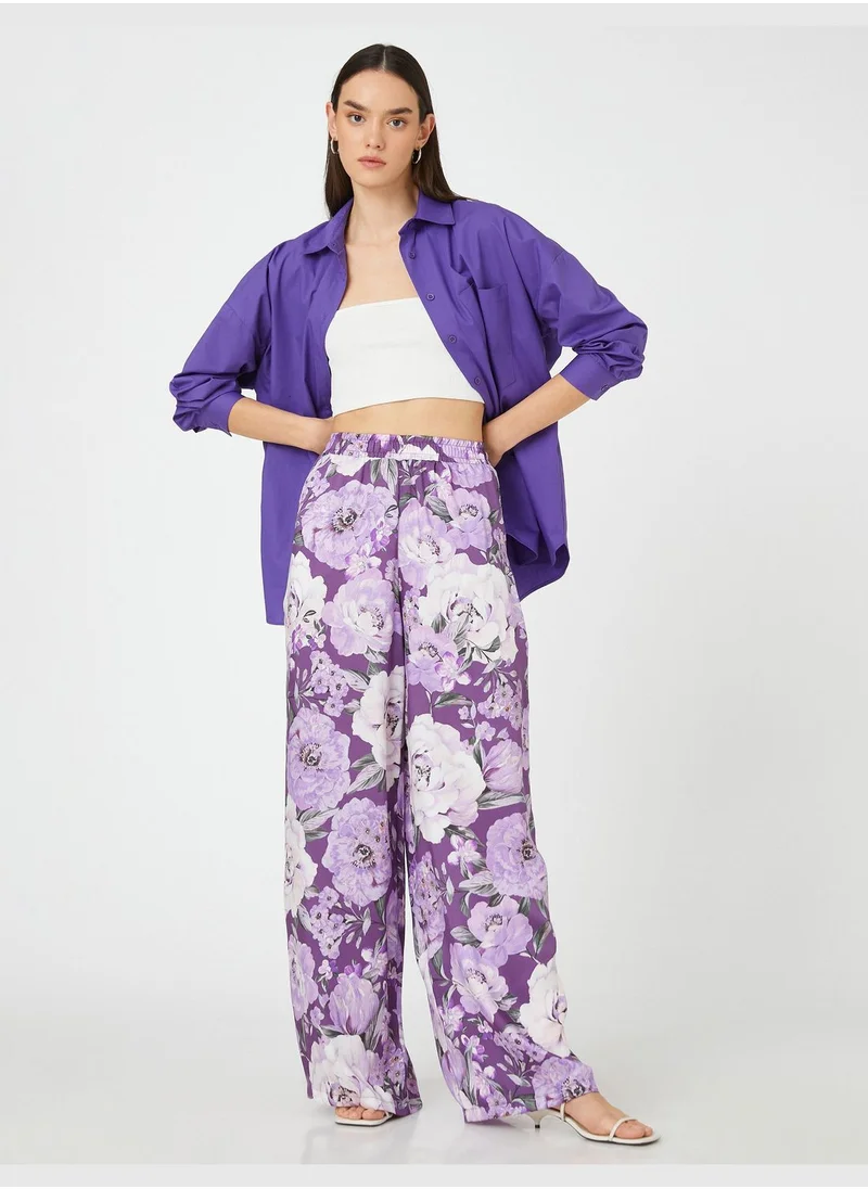 KOTON Floral Palazzo Trousers Elastic Waist Pocket
