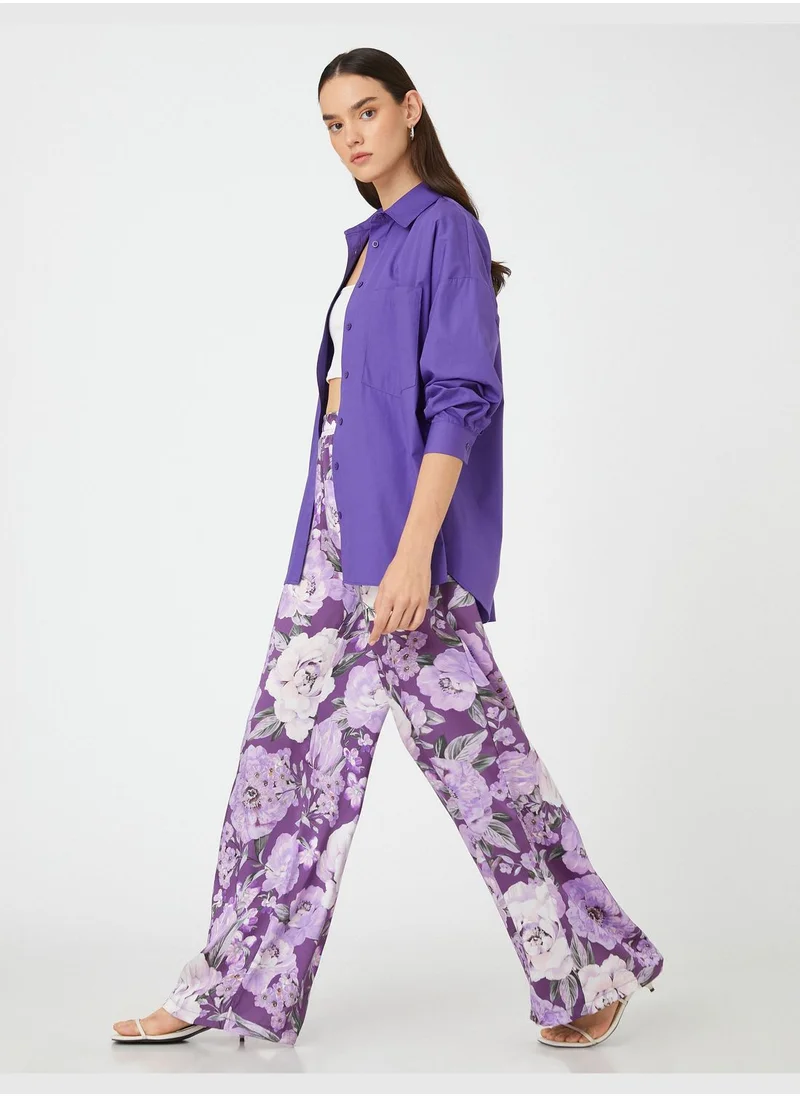 كوتون Floral Palazzo Trousers Elastic Waist Pocket