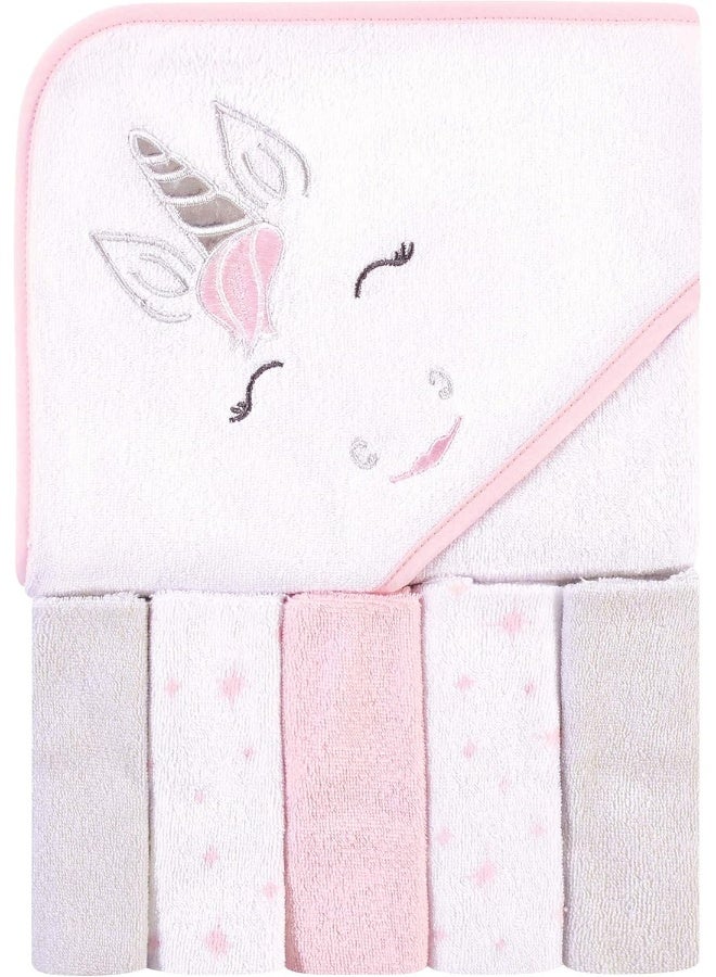 Hudson Baby Unisex Baby Hooded Towel and Five Washcloths, Pink Unicorn, One Size - Image 1