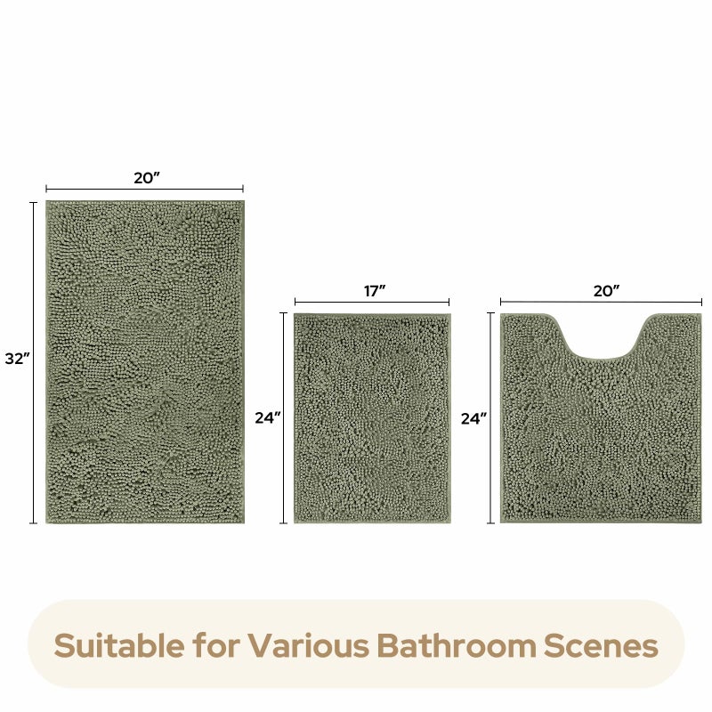 HOMEIDEAS 3 Pieces Bathroom Rugs, Ultra Soft Non Slip Absorbent Chenille Toilet Bath Mat Set (Sage Green) - Image 5
