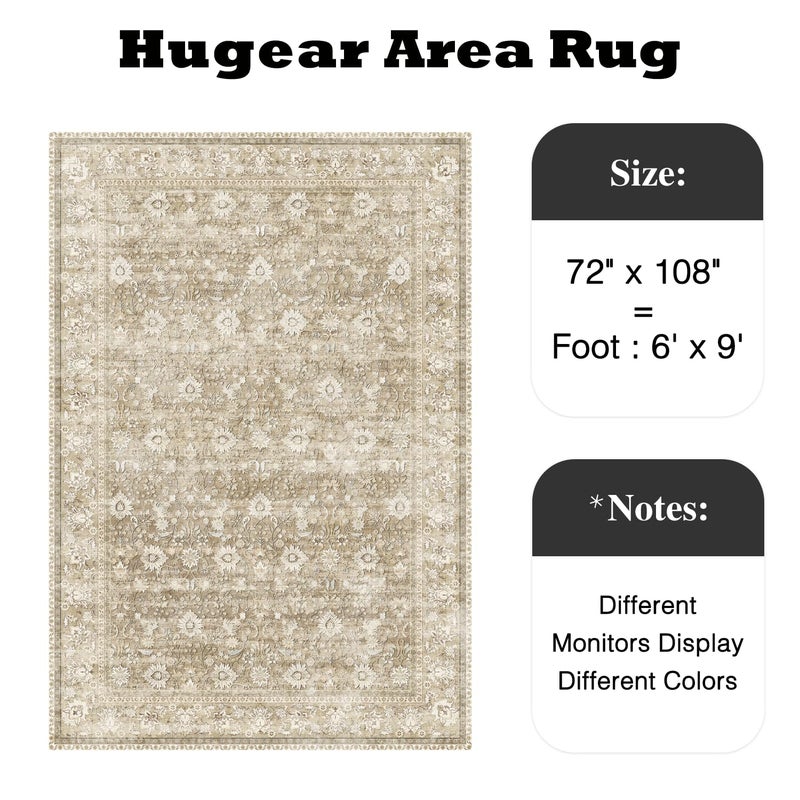 HUGEAR 6x9 Machine Washable Rugs Beige Hallway Large Area Rug Indoor Accent Rug Floral Low Pile Carpet Soft Throw Aesthetic Rug Bedroom Living Room Office Dining Room Kitchen Laundry Room - Image 2