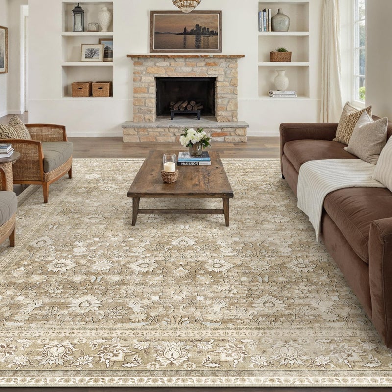 HUGEAR 6x9 Machine Washable Rugs Beige Hallway Large Area Rug Indoor Accent Rug Floral Low Pile Carpet Soft Throw Aesthetic Rug Bedroom Living Room Office Dining Room Kitchen Laundry Room - Image 1
