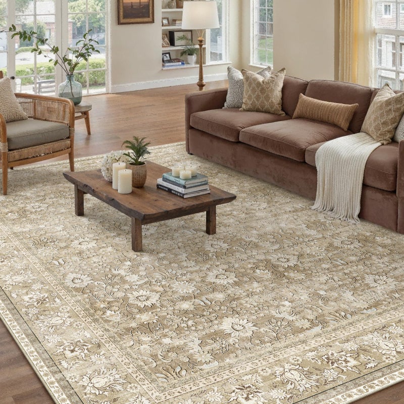 HUGEAR 6x9 Machine Washable Rugs Beige Hallway Large Area Rug Indoor Accent Rug Floral Low Pile Carpet Soft Throw Aesthetic Rug Bedroom Living Room Office Dining Room Kitchen Laundry Room - Image 3