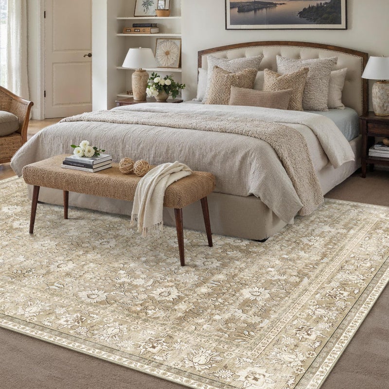 HUGEAR 6x9 Machine Washable Rugs Beige Hallway Large Area Rug Indoor Accent Rug Floral Low Pile Carpet Soft Throw Aesthetic Rug Bedroom Living Room Office Dining Room Kitchen Laundry Room - Image 4