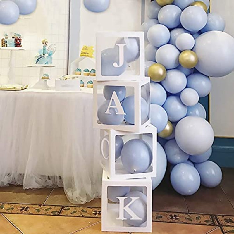 زينة استحمام الطفل لحفلة عيد الميلاد الأولى DIY 4 قطع من الصناديق البيضاء الشفافة مع 27 حرفًا، وصناديق الحفلات لاستحمام الطفل، اسم DIY، صناديق عيد الميلاد تكشف عن الجنس صندوق بالونات صبي فتاة أبيض - Image 4