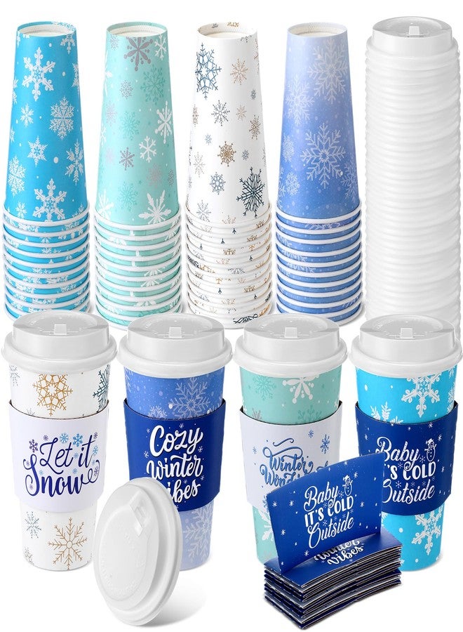 Jingmore 48 Pack 16 oz Christmas Disposable Coffee Cups with Lids and Sleeves Christmas Paper Hot Cups Xmas Party Beverage Tea Drinking Favors for Hot Cocoa, Xmas Holiday Supplies(Snowflake,Blue) - Image 1