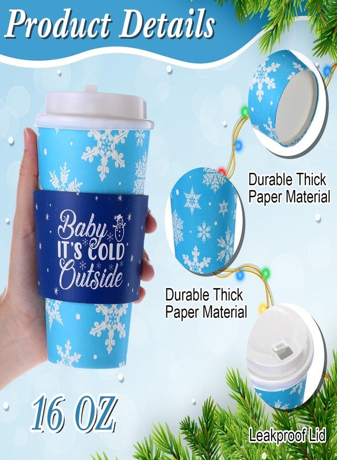 Jingmore 48 Pack 16 oz Christmas Disposable Coffee Cups with Lids and Sleeves Christmas Paper Hot Cups Xmas Party Beverage Tea Drinking Favors for Hot Cocoa, Xmas Holiday Supplies(Snowflake,Blue) - Image 2