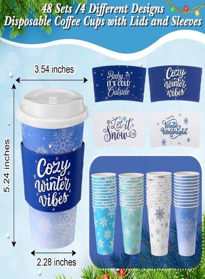 Jingmore 48 Pack 16 oz Christmas Disposable Coffee Cups with Lids and Sleeves Christmas Paper Hot Cups Xmas Party Beverage Tea Drinking Favors for Hot Cocoa, Xmas Holiday Supplies(Snowflake,Blue) - Image 4