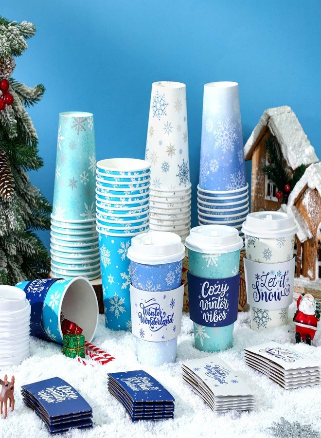 Jingmore 48 Pack 16 oz Christmas Disposable Coffee Cups with Lids and Sleeves Christmas Paper Hot Cups Xmas Party Beverage Tea Drinking Favors for Hot Cocoa, Xmas Holiday Supplies(Snowflake,Blue) - Image 3