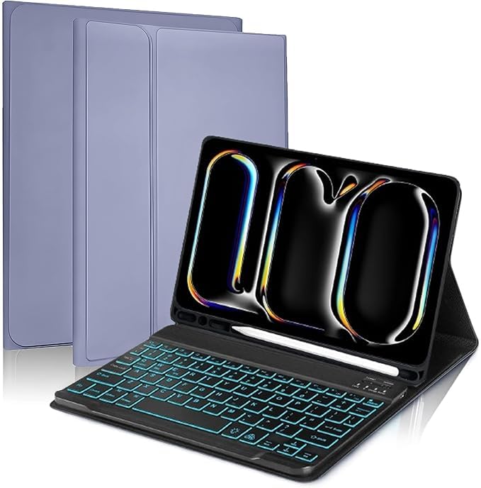 ProElite Keyboard case for Apple iPad Pro 13 inch 2024/2025 M4/M5 with Pencil Holder, Magnetic Detachable Wireless Bluetooth Keyboard Built-in 7-Colors Backlit, Lavender - Image 1