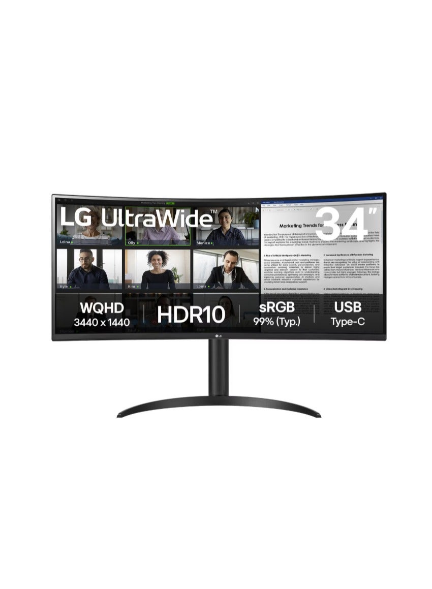 34 inch WQHD Ultrawide Curved Monitor (3440 x 1440) HD Nero, 100hz 21:9 5MS -3000:1 HDMI/DP/USB/DOWNSTRM), Picture By Picture (PBP), USB Type-C, Reader Mode, 34WR55QK Black