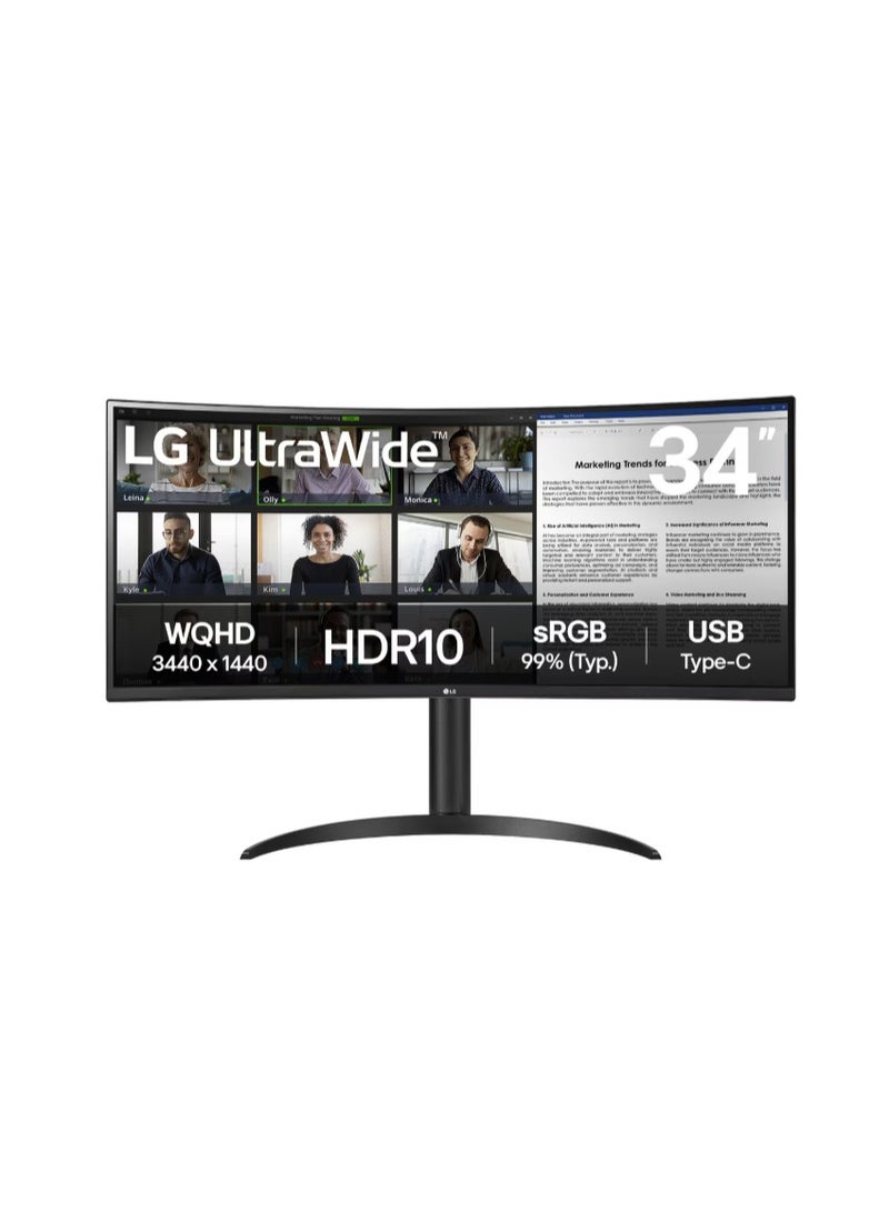 LG 34 inch WQHD Ultrawide Curved Monitor (3440 x 1440) HD Nero, 100hz 21:9 5MS -3000:1 HDMI/DP/USB/DOWNSTRM), Picture By Picture (PBP), USB Type-C, Reader Mode, 34WR55QK Black - Image 1