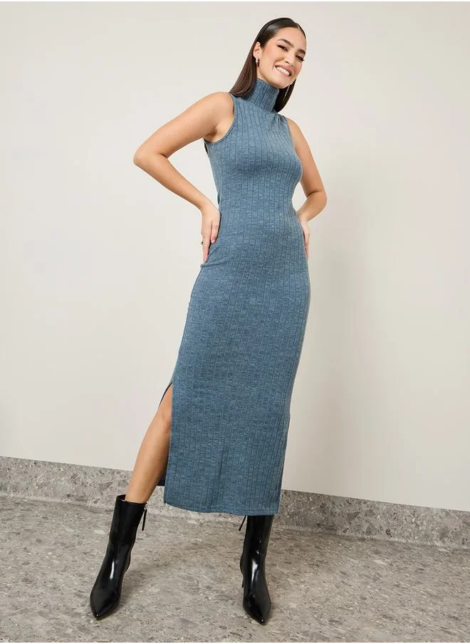 Styli Ribbed Knit Bodycon Maxi Dress with Side Slit