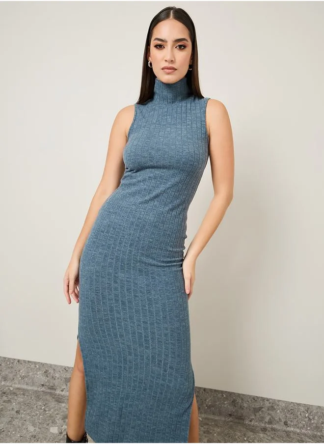 Styli Ribbed Knit Bodycon Maxi Dress with Side Slit