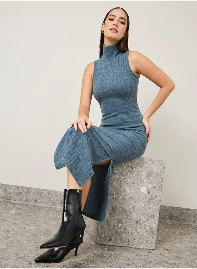 Styli Ribbed Knit Bodycon Maxi Dress with Side Slit