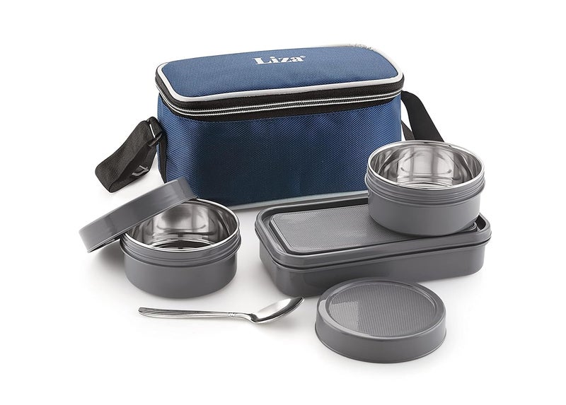 Liza Liza Stainless Steel, Plastic Insulated Lunch Box with 3 Container Office Lunch Box Airtight Leak-Proof Container (1600ml,Grey) - Image 2