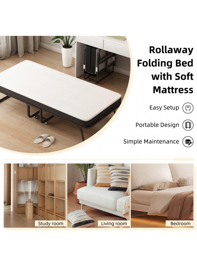 CAIYUN CAIYUN Folding Bed with Mattress, Portable Rollaway Bed for Adults - Foldable Cot Size Bed Frame with 5" Memory Foam Mattress and Storage Bag, Guest Day Bed with Metal Fold Up Bed on Wheels, 75"x31"  - Image 2