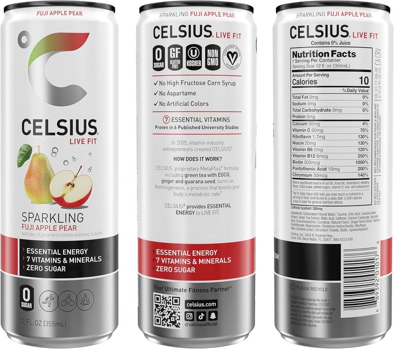 CELSIUS مشروب سيلسيوس الفوار بنكهة تفاح فوجي والكمثرى - 12 عبوة - Image 3