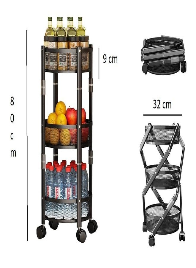 Kiesh 3-Tier Metal Storage Rolling Cart, Foldable Utility Cart on Wheels Assembly-Free, Versatile Serving Organizer Trolley with Lockable Wheels for Kitchen, Living Room, Bathroom, Black - Image 3
