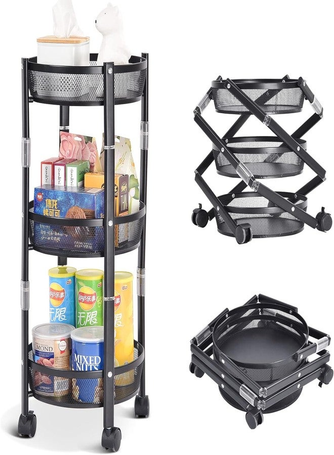 Kiesh 3-Tier Metal Storage Rolling Cart, Foldable Utility Cart on Wheels Assembly-Free, Versatile Serving Organizer Trolley with Lockable Wheels for Kitchen, Living Room, Bathroom, Black - Image 1