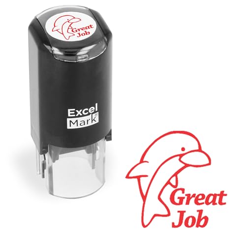 ExcelMark Round Teacher Stamp - Great Job (Dolphin) - RED Ink - Image 1