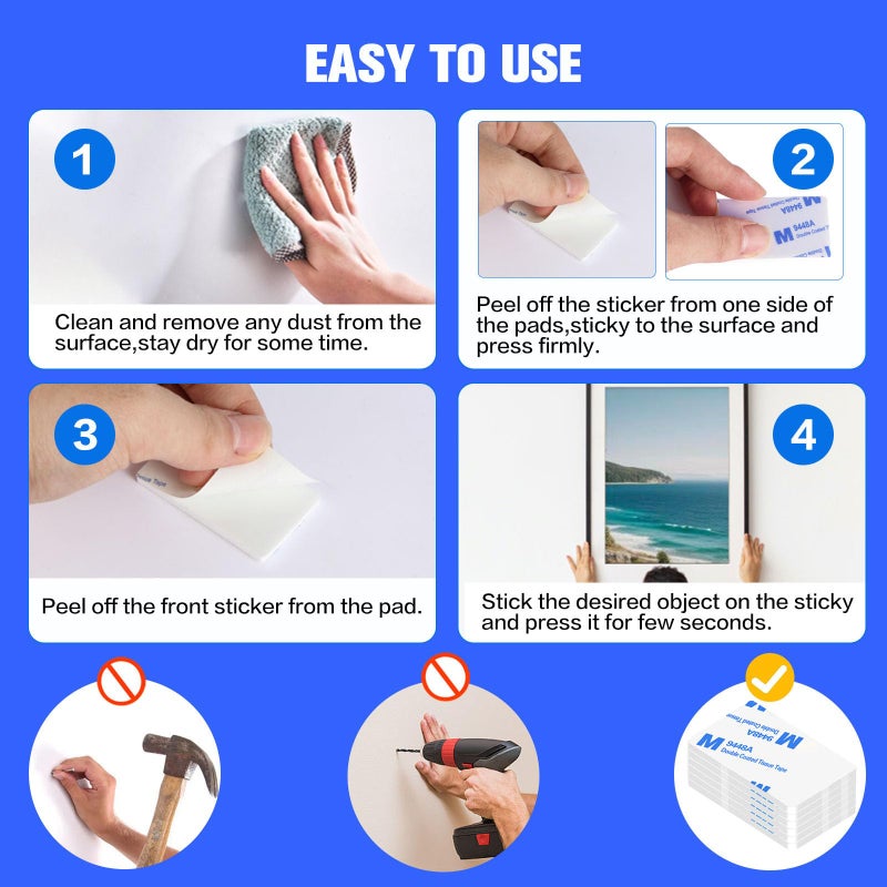Moeey White Double Sided Adhesive Pads,Heavy Duty Mounting Tape,48Pcs 3mm Thickness Pre-Cut Foam Tape,Super-Sticky Black Strong Pads Rectangle Shape Waterproof for Walls Picture, Car, Home, Office - Image 5