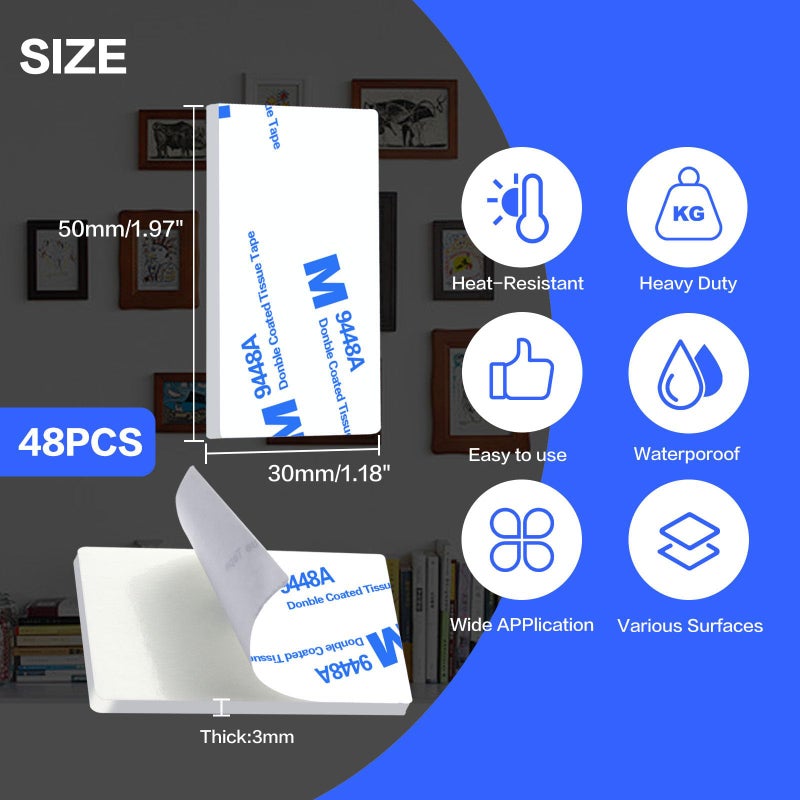 Moeey White Double Sided Adhesive Pads,Heavy Duty Mounting Tape,48Pcs 3mm Thickness Pre-Cut Foam Tape,Super-Sticky Black Strong Pads Rectangle Shape Waterproof for Walls Picture, Car, Home, Office - Image 2